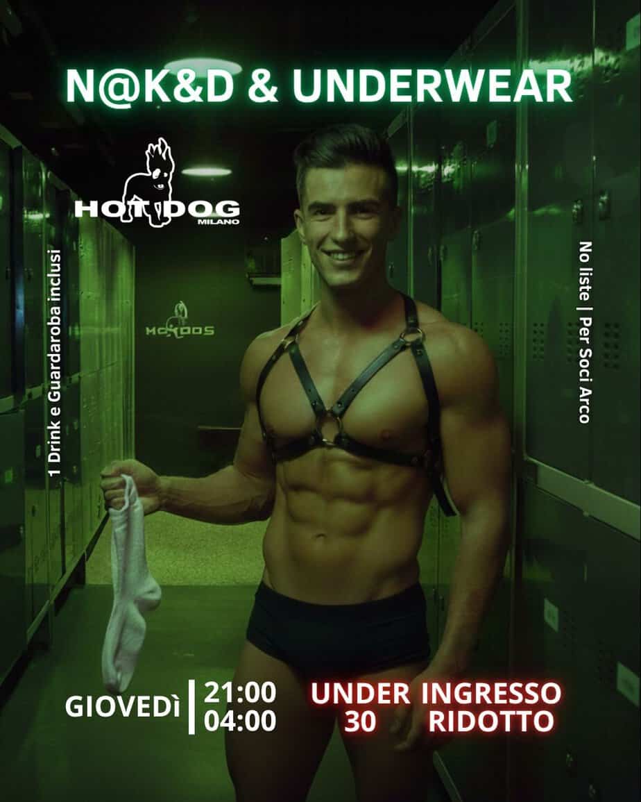 Barista maschio in abbigliamento fetish in un bar gay a Milano.