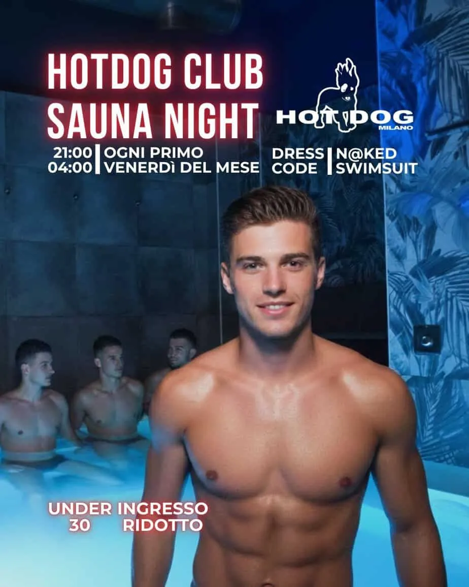 Evento Hot Dog Club Milano con uomini in sauna e atmosfera notturna.