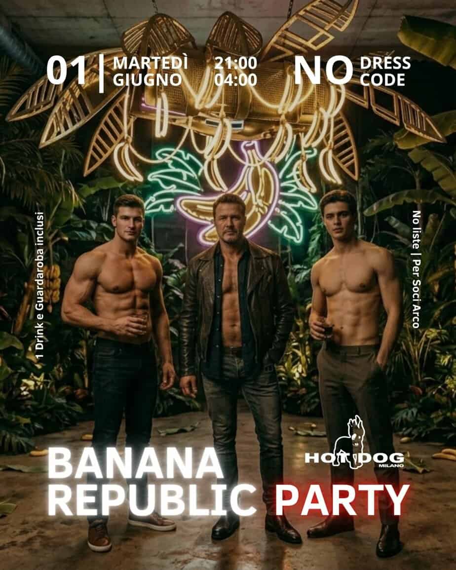 Immagine di tre uomini in un locale con neon e piante tropicali, promuovendo la festa Banana Republi.