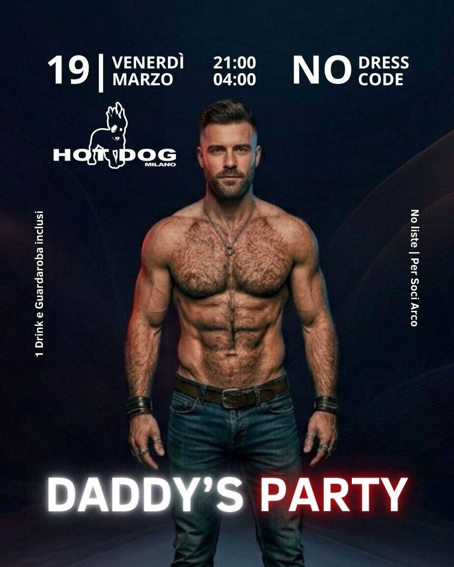 Evento gay cruising bar Milano, Daddy's Party 2027, con uomo muscoloso e look audace, in una serata.