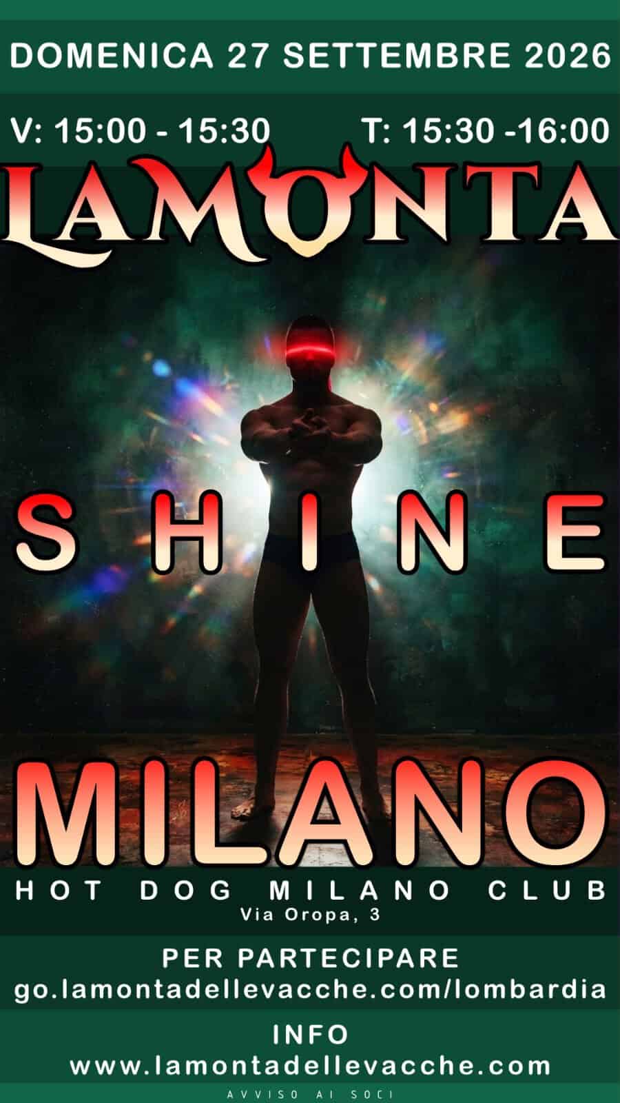 Evento Hot Dog Club Milano con tema Shine, serata gay cruising, 27 settembre 2026.