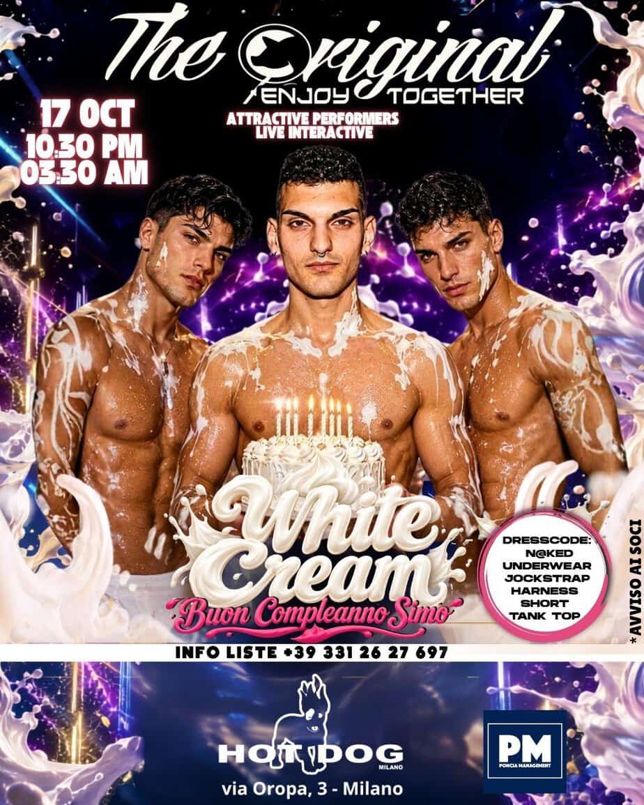 Hot Dog Club Milano - Gay Men Cruising Bar, festa di compleanno con uomini nudi e torta.