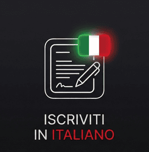Iscrizione in italiano con bandiera italiana e penna.
