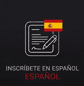Registrati in spagnolo con il logo della Spagna e modulo di iscrizione.