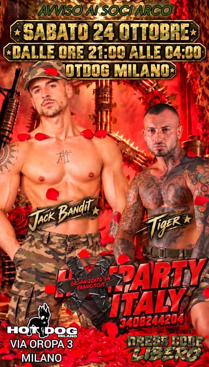 Eventi Hot Dog Club Milano con uomini in abbigliamento estivo e tatuaggi.